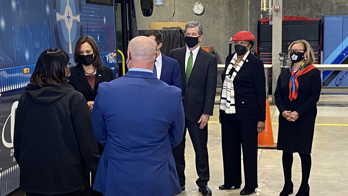 VP Harris, Rep. Adams and others on a tour of a CATS bus facility.