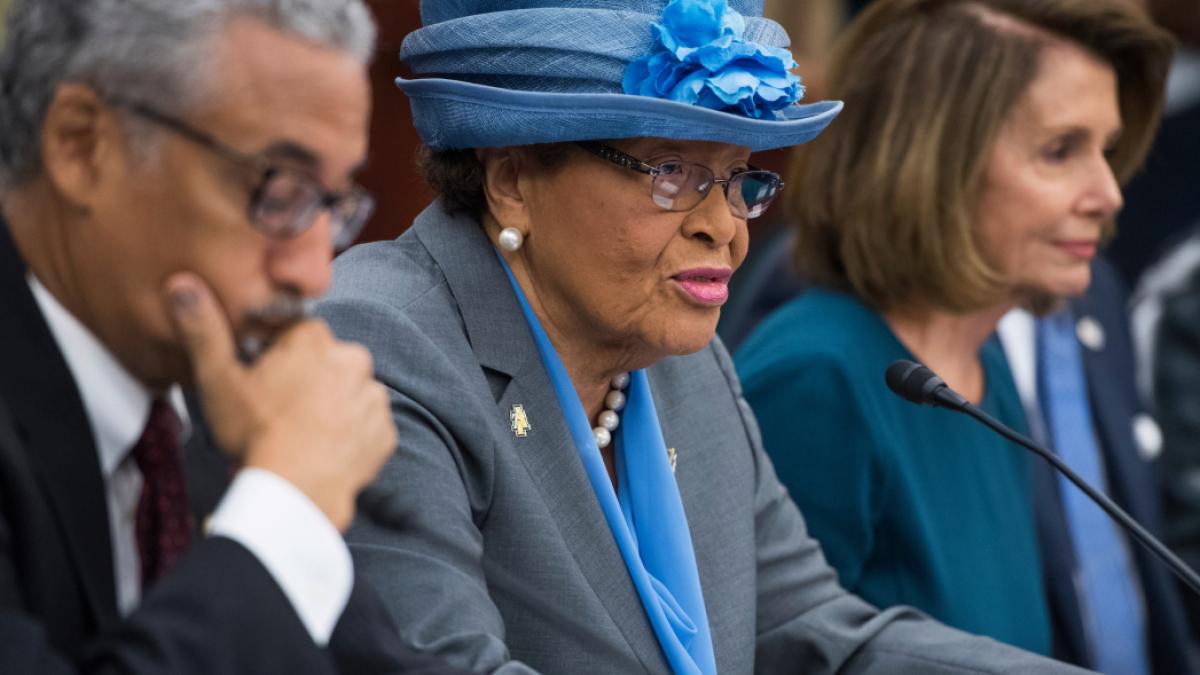 North Carolina Rep. Alma Adams, here at a 2017 roundtable with the heads of HBCUs, has introduced the IGNITE HBCU Excellence Act in the House. (Tom Williams/CQ Roll Call file photo)