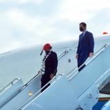 Rep. Adams and Sec. Buttigieg deplaning from Air Force Two at CLT