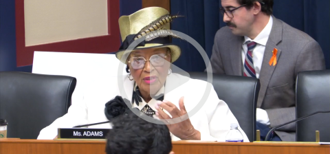 Photo of Rep. Adams in a committee hearing with a play button on top.