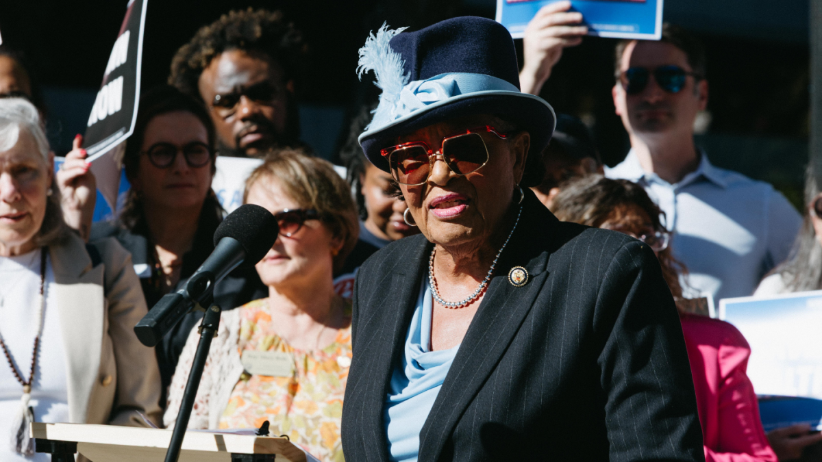Rep. Adams speaking at a rally