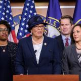 Rep. Alma Adams speaking at a press conference