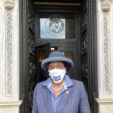 Alma Adams wearing a Save USPS facemask outside of the House of Reps