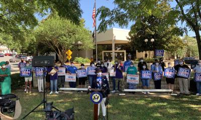 Rep. Adams speaks at a "Don't Mess With USPS" Press Conference