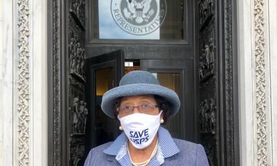 Alma Adams wearing a Save USPS facemask outside of the House of Reps